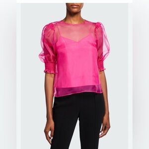 House of Harlow 1960 Puff Sleeves Organza sheer Top hot pink size S